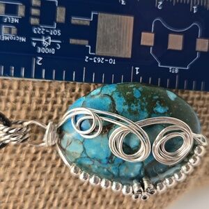 Hand Crafted Blue Sea Sediment Jasper Pendant Wire Wrapped Turquoise color